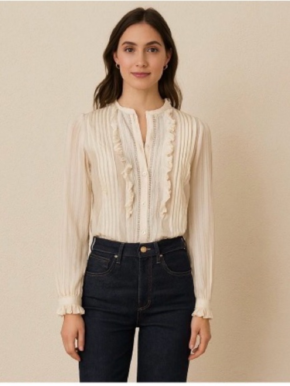 Rebecca Taylor Cream Silk Ruffled Pintuck Button-Up Blouse